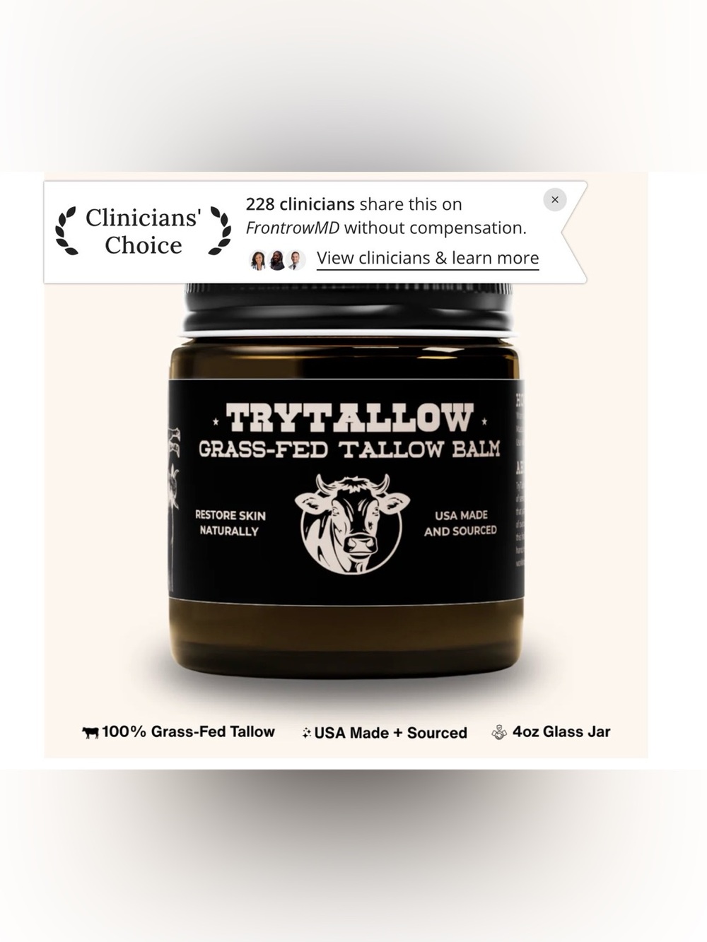 TryTallow | Grass-Fed Tallow Balm USA Made
& Sourced Restore Skin Unisex NWT 1